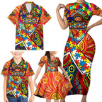 Autism Awareness Australia Gold Coast Suns Family Matching Short Sleeve Bodycon Dress and Hawaiian Shirt Aboriginal Indigenous Art