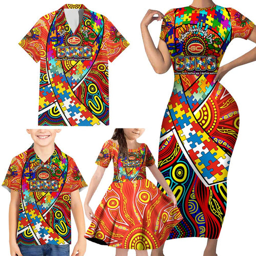 Autism Awareness Australia Gold Coast Suns Family Matching Short Sleeve Bodycon Dress and Hawaiian Shirt Aboriginal Indigenous Art