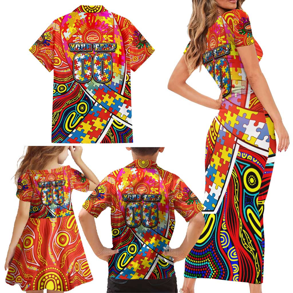Autism Awareness Australia Gold Coast Suns Family Matching Short Sleeve Bodycon Dress and Hawaiian Shirt Aboriginal Indigenous Art