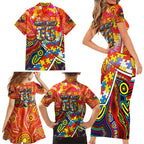 Autism Awareness Australia Gold Coast Suns Family Matching Short Sleeve Bodycon Dress and Hawaiian Shirt Aboriginal Indigenous Art