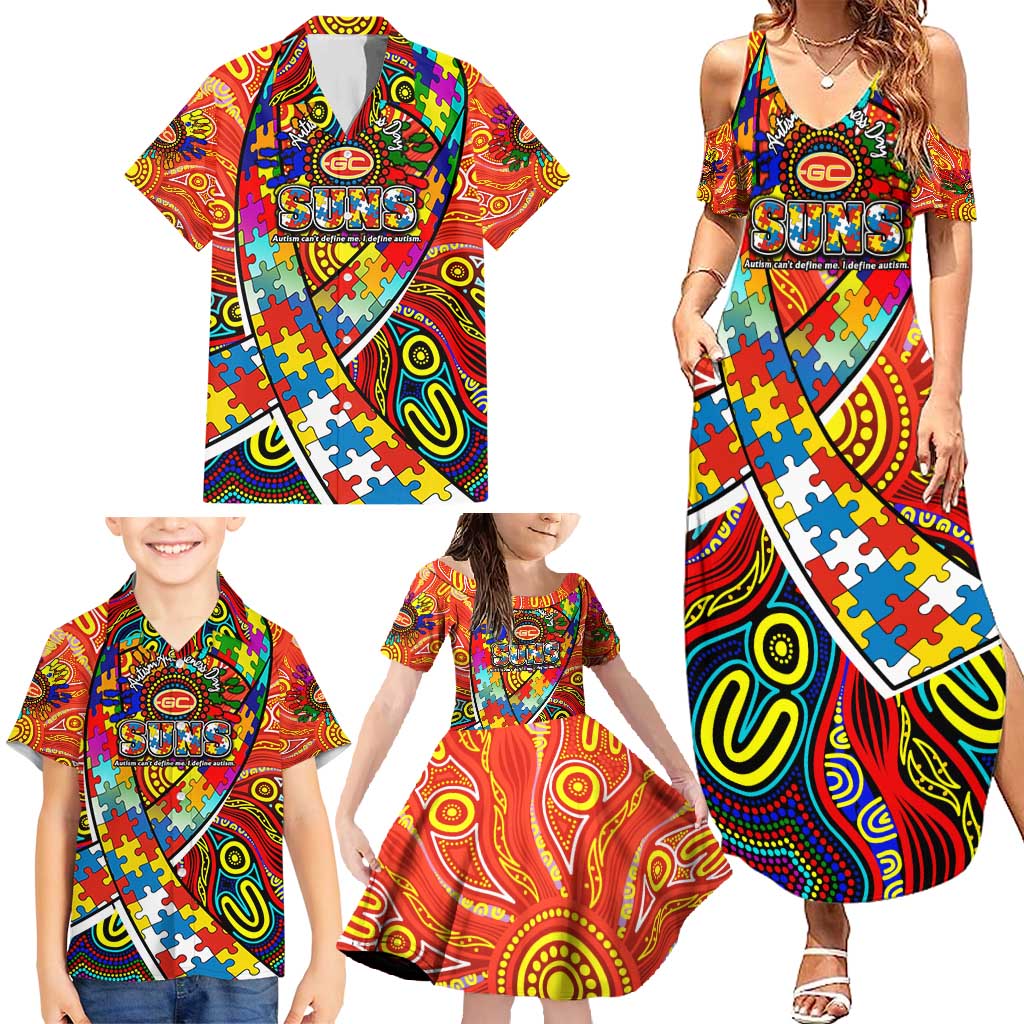 Autism Awareness Australia Gold Coast Suns Family Matching Summer Maxi Dress and Hawaiian Shirt Aboriginal Indigenous Art