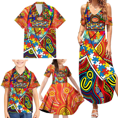 Autism Awareness Australia Gold Coast Suns Family Matching Summer Maxi Dress and Hawaiian Shirt Aboriginal Indigenous Art