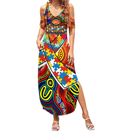 Autism Awareness Australia Gold Coast Suns Family Matching Summer Maxi Dress and Hawaiian Shirt Aboriginal Indigenous Art
