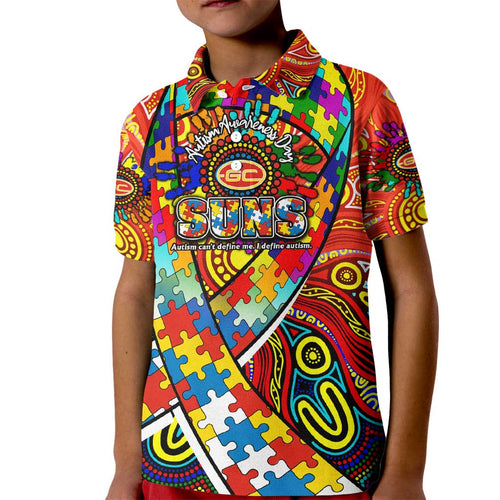 Autism Awareness Australia Gold Coast Suns Kid Polo Shirt Aboriginal Indigenous Art
