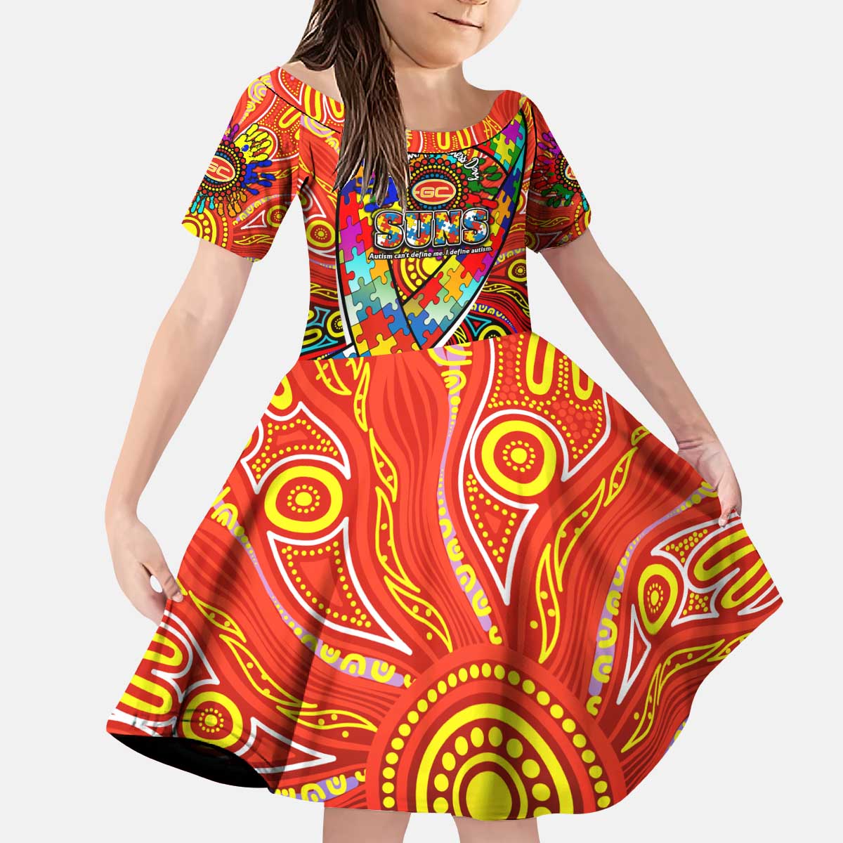Autism Awareness Australia Gold Coast Suns Kid Short Sleeve Dress Aboriginal Indigenous Art