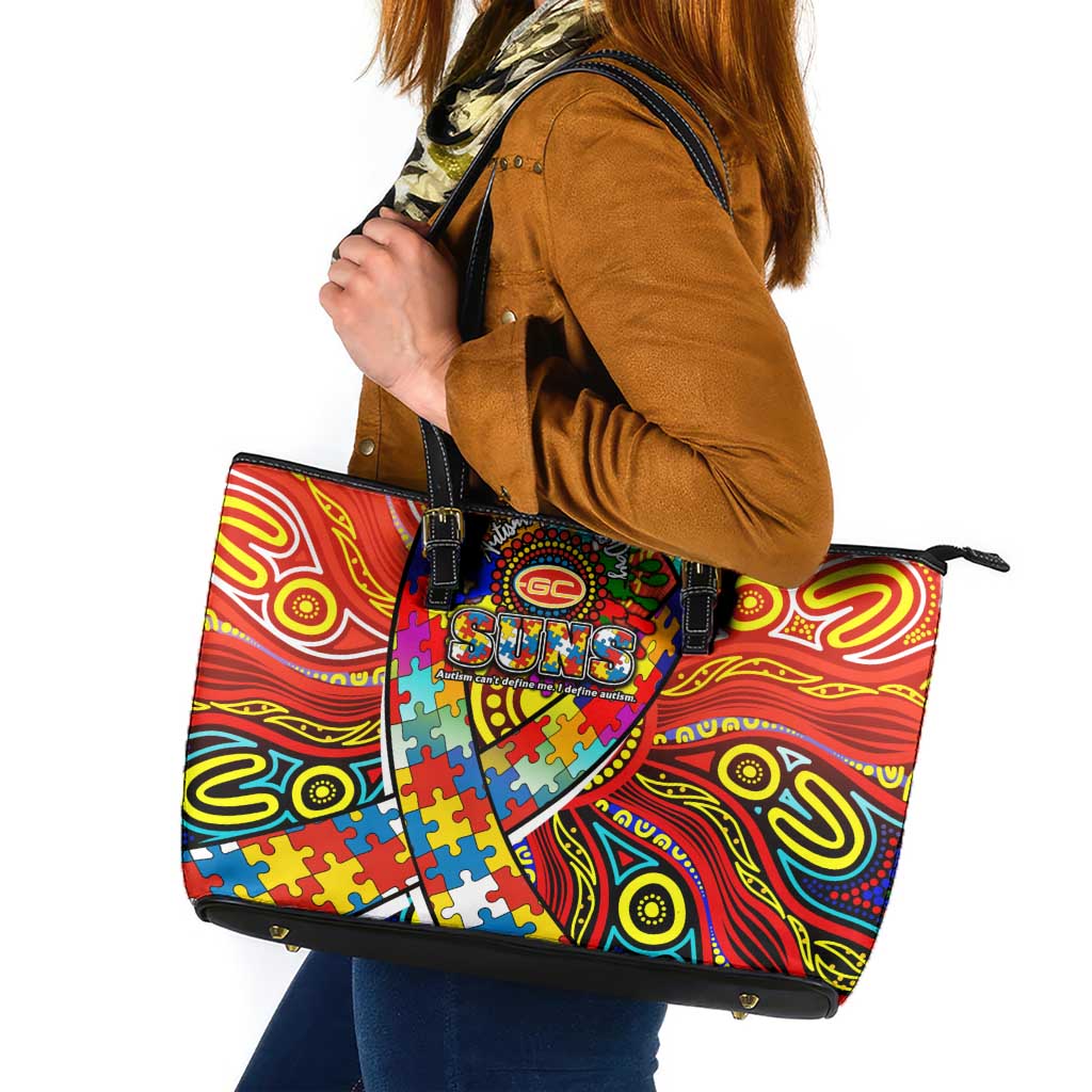 Autism Awareness Australia Gold Coast Suns Leather Tote Bag Aboriginal Indigenous Art