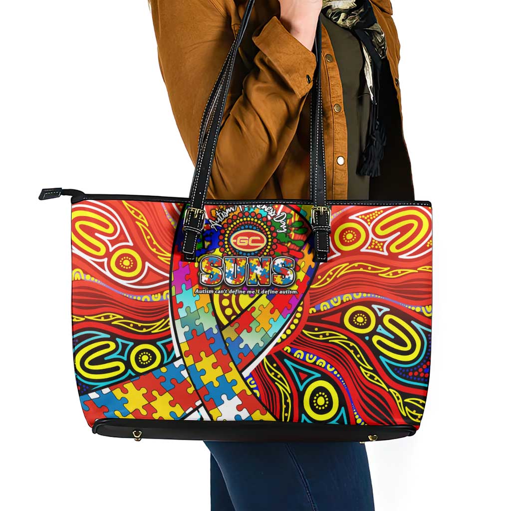 Autism Awareness Australia Gold Coast Suns Leather Tote Bag Aboriginal Indigenous Art