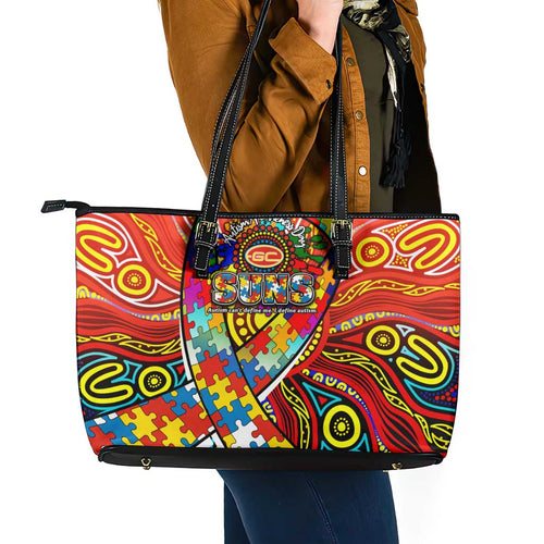 Autism Awareness Australia Gold Coast Suns Leather Tote Bag Aboriginal Indigenous Art