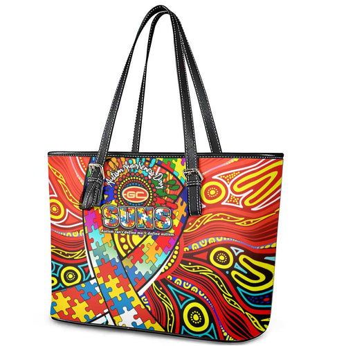 Autism Awareness Australia Gold Coast Suns Leather Tote Bag Aboriginal Indigenous Art