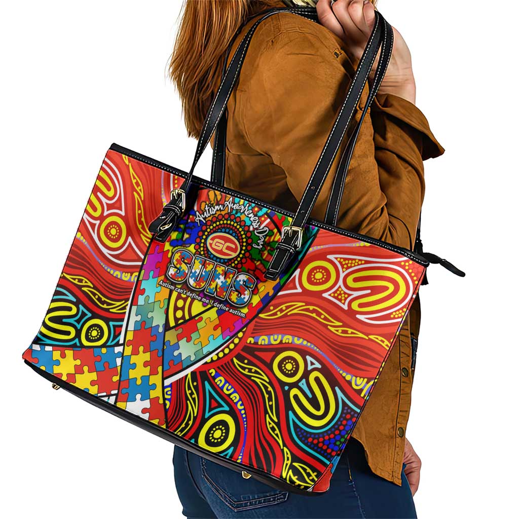 Autism Awareness Australia Gold Coast Suns Leather Tote Bag Aboriginal Indigenous Art