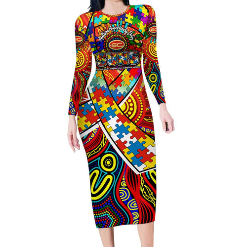 Autism Awareness Australia Gold Coast Suns Long Sleeve Bodycon Dress Aboriginal Indigenous Art