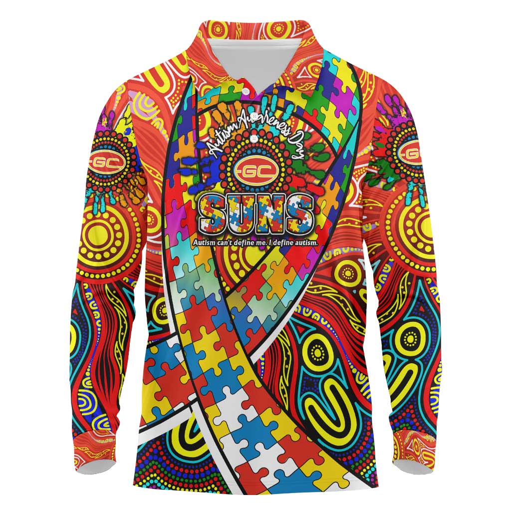 Autism Awareness Australia Gold Coast Suns Long Sleeve Polo Shirt Aboriginal Indigenous Art
