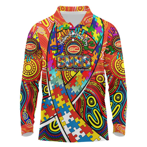 Autism Awareness Australia Gold Coast Suns Long Sleeve Polo Shirt Aboriginal Indigenous Art