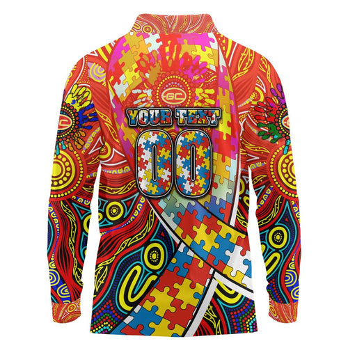 Autism Awareness Australia Gold Coast Suns Long Sleeve Polo Shirt Aboriginal Indigenous Art