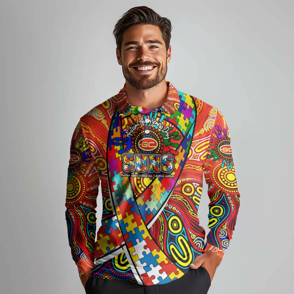 Autism Awareness Australia Gold Coast Suns Long Sleeve Polo Shirt Aboriginal Indigenous Art