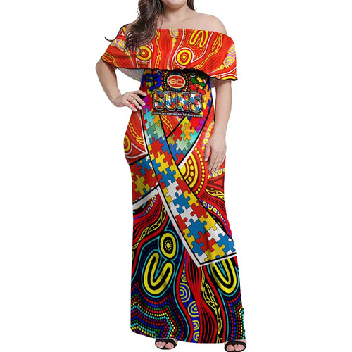 Autism Awareness Australia Gold Coast Suns Off Shoulder Maxi Dress Aboriginal Indigenous Art