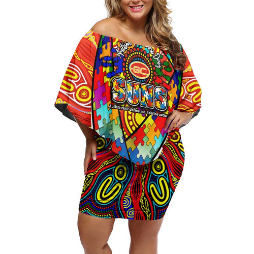 Autism Awareness Australia Gold Coast Suns Off Shoulder Short Dress Aboriginal Indigenous Art