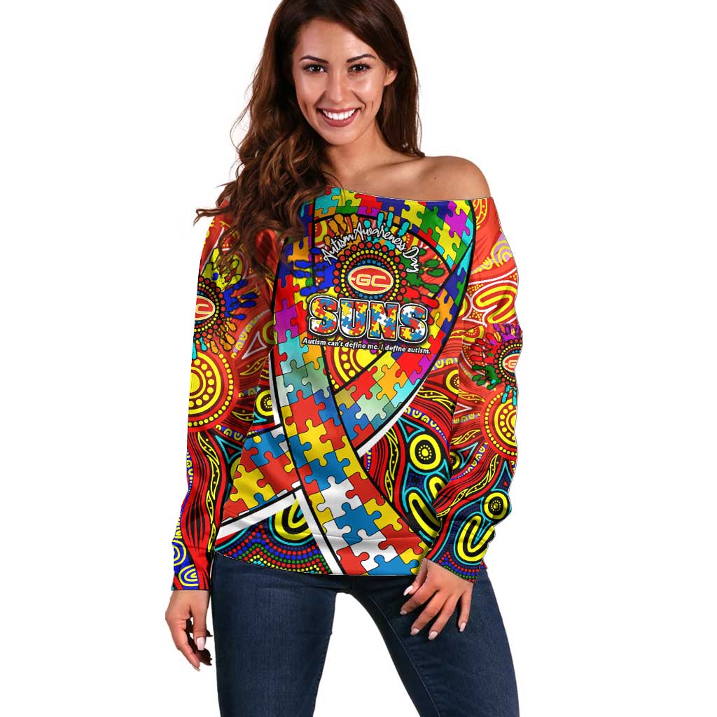 Autism Awareness Australia Gold Coast Suns Off Shoulder Sweater Aboriginal Indigenous Art
