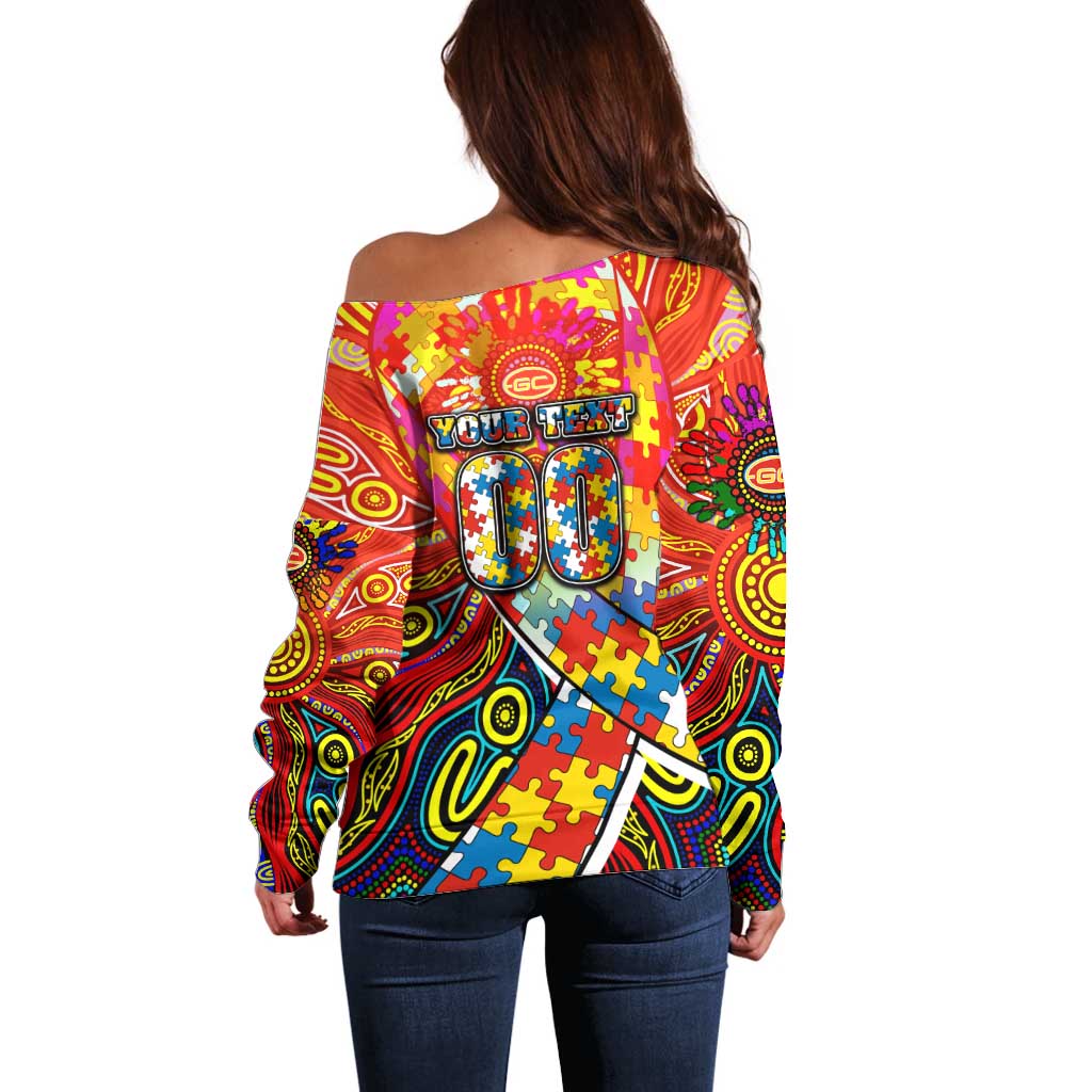Autism Awareness Australia Gold Coast Suns Off Shoulder Sweater Aboriginal Indigenous Art