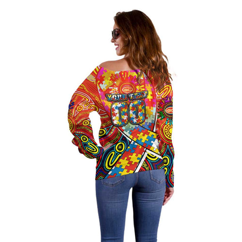 Autism Awareness Australia Gold Coast Suns Off Shoulder Sweater Aboriginal Indigenous Art