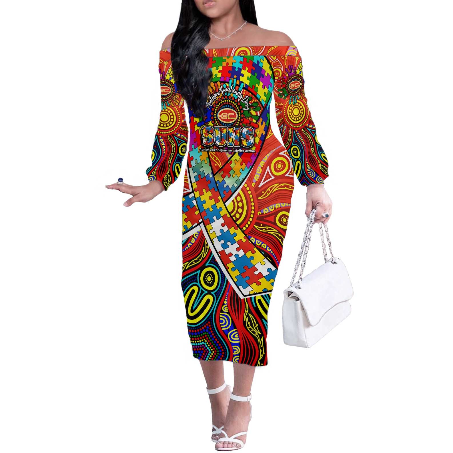 Autism Awareness Australia Gold Coast Suns Off The Shoulder Long Sleeve Dress Aboriginal Indigenous Art