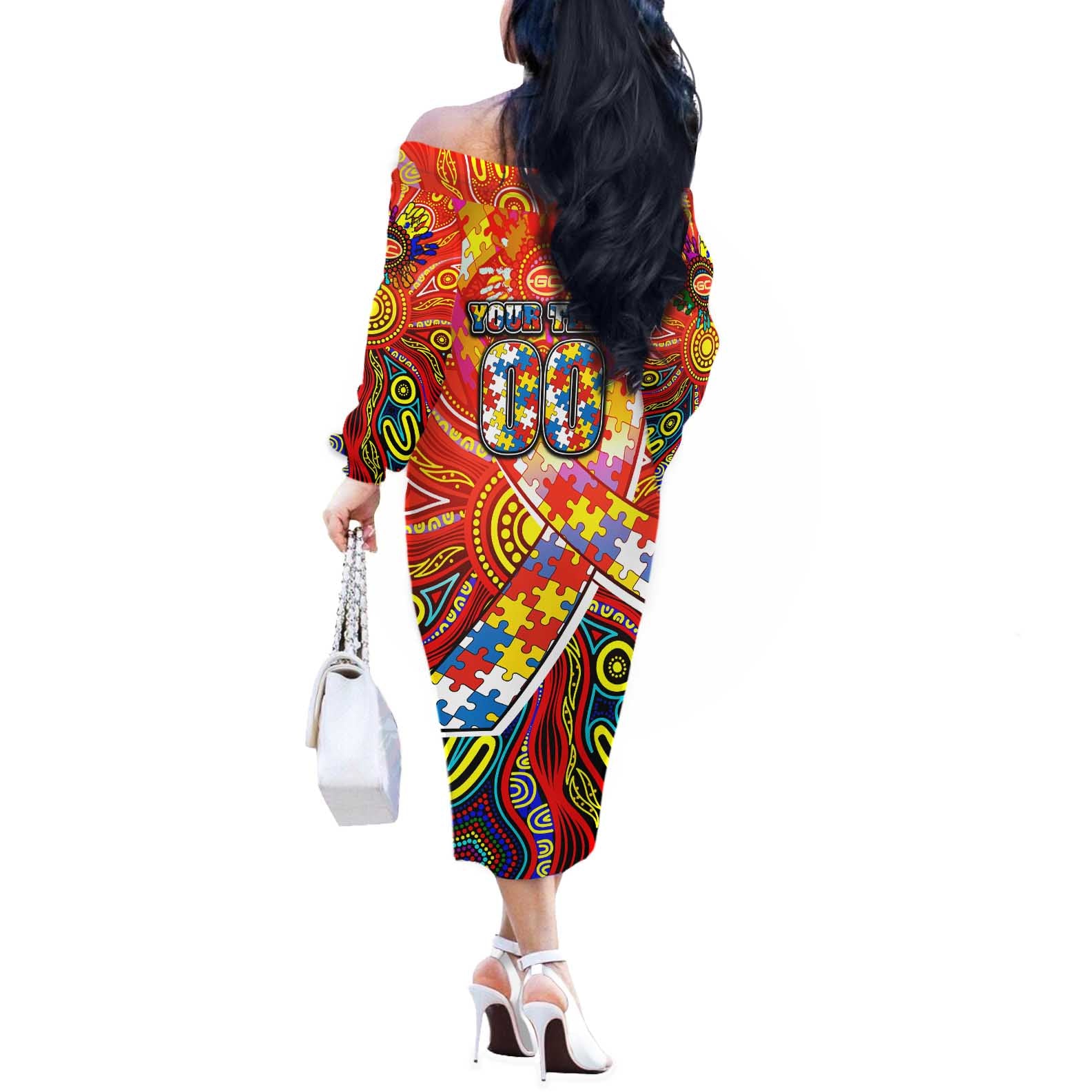 Autism Awareness Australia Gold Coast Suns Off The Shoulder Long Sleeve Dress Aboriginal Indigenous Art
