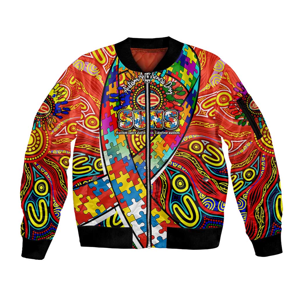 Autism Awareness Australia Gold Coast Suns Sleeve Zip Bomber Jacket Aboriginal Indigenous Art