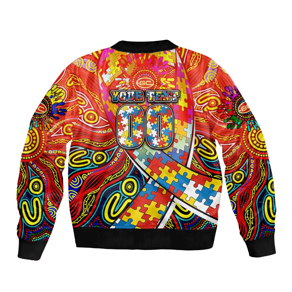 Autism Awareness Australia Gold Coast Suns Sleeve Zip Bomber Jacket Aboriginal Indigenous Art