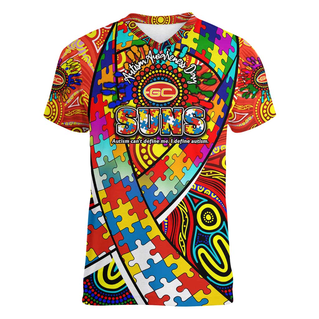 Autism Awareness Australia Gold Coast Suns Women V-Neck T-Shirt Aboriginal Indigenous Art