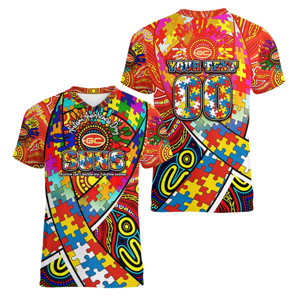 Autism Awareness Australia Gold Coast Suns Women V-Neck T-Shirt Aboriginal Indigenous Art