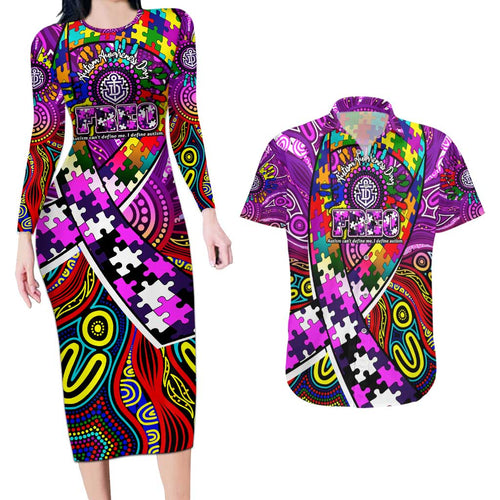 Autism Awareness Australia Fremantle Freo Couples Matching Long Sleeve Bodycon Dress and Hawaiian Shirt Aboriginal Indigenous Art