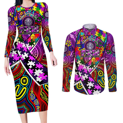 Autism Awareness Australia Fremantle Freo Couples Matching Long Sleeve Bodycon Dress and Long Sleeve Button Shirt Aboriginal Indigenous Art