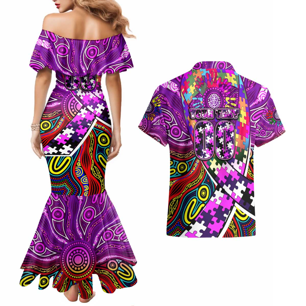 Autism Awareness Australia Fremantle Freo Couples Matching Mermaid Dress and Hawaiian Shirt Aboriginal Indigenous Art