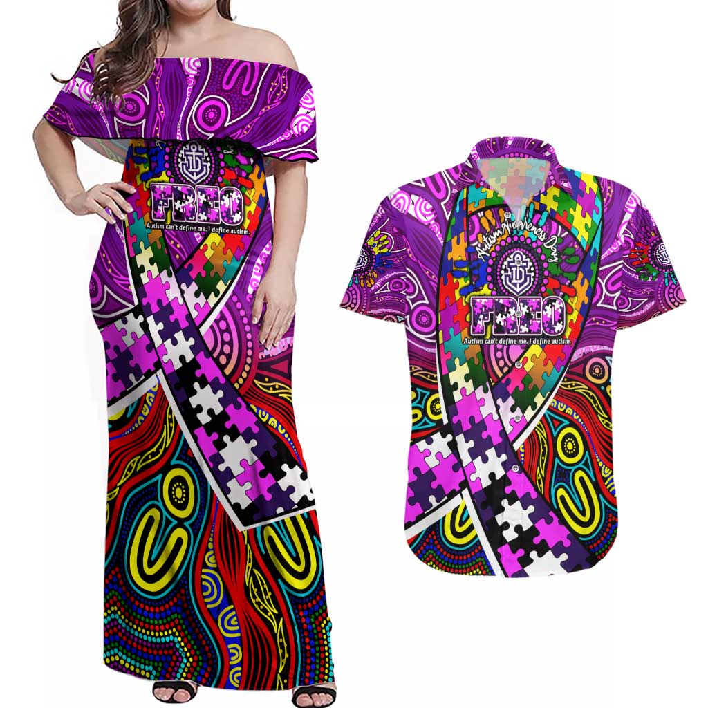 Autism Awareness Australia Fremantle Freo Couples Matching Off Shoulder Maxi Dress and Hawaiian Shirt Aboriginal Indigenous Art