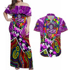 Autism Awareness Australia Fremantle Freo Couples Matching Off Shoulder Maxi Dress and Hawaiian Shirt Aboriginal Indigenous Art