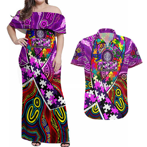 Autism Awareness Australia Fremantle Freo Couples Matching Off Shoulder Maxi Dress and Hawaiian Shirt Aboriginal Indigenous Art