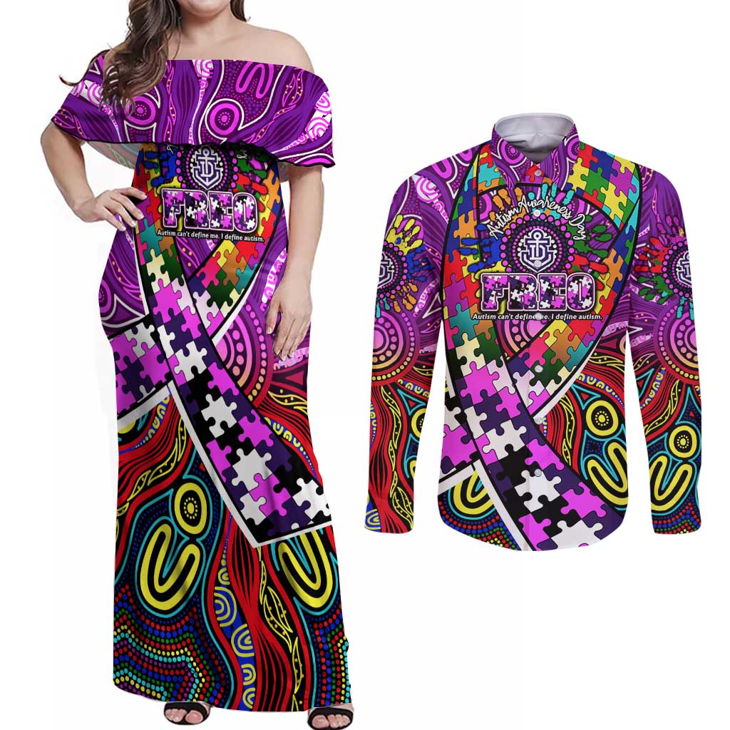 Autism Awareness Australia Fremantle Freo Couples Matching Off Shoulder Maxi Dress and Long Sleeve Button Shirt Aboriginal Indigenous Art