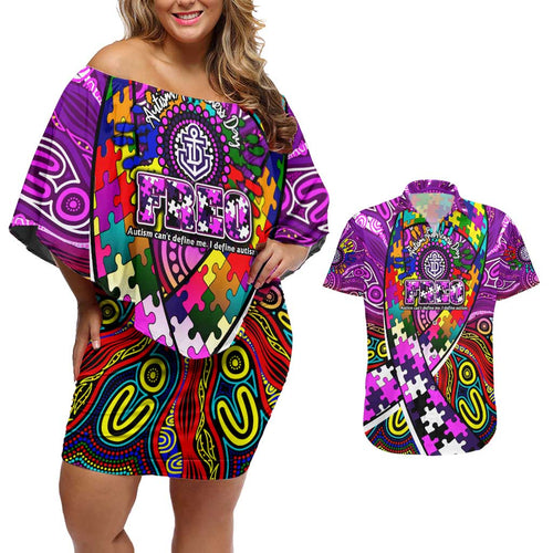 Autism Awareness Australia Fremantle Freo Couples Matching Off Shoulder Short Dress and Hawaiian Shirt Aboriginal Indigenous Art