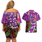 Autism Awareness Australia Fremantle Freo Couples Matching Off Shoulder Short Dress and Hawaiian Shirt Aboriginal Indigenous Art