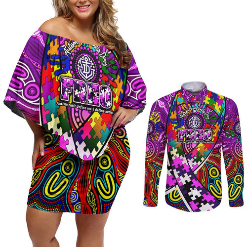 Autism Awareness Australia Fremantle Freo Couples Matching Off Shoulder Short Dress and Long Sleeve Button Shirt Aboriginal Indigenous Art