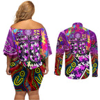 Autism Awareness Australia Fremantle Freo Couples Matching Off Shoulder Short Dress and Long Sleeve Button Shirt Aboriginal Indigenous Art