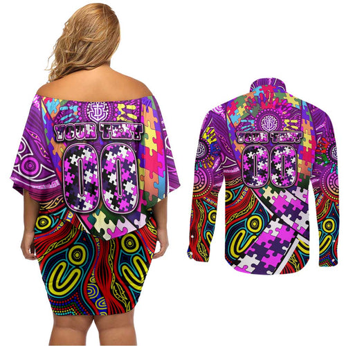 Autism Awareness Australia Fremantle Freo Couples Matching Off Shoulder Short Dress and Long Sleeve Button Shirt Aboriginal Indigenous Art