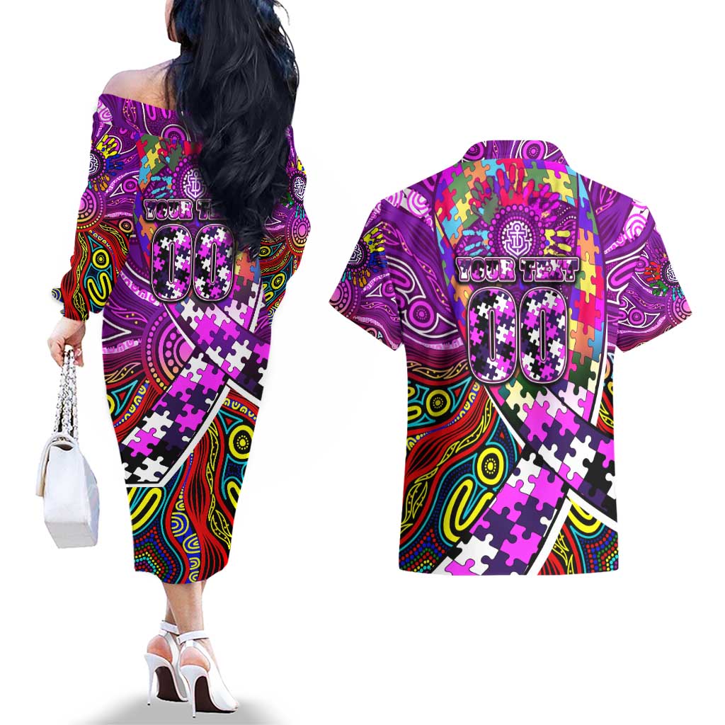 Autism Awareness Australia Fremantle Freo Couples Matching Off The Shoulder Long Sleeve Dress and Hawaiian Shirt Aboriginal Indigenous Art
