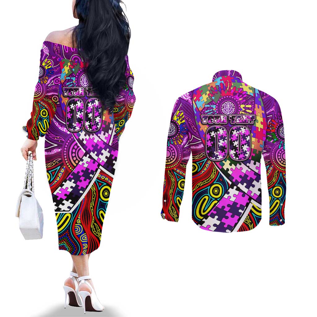 Autism Awareness Australia Fremantle Freo Couples Matching Off The Shoulder Long Sleeve Dress and Long Sleeve Button Shirt Aboriginal Indigenous Art