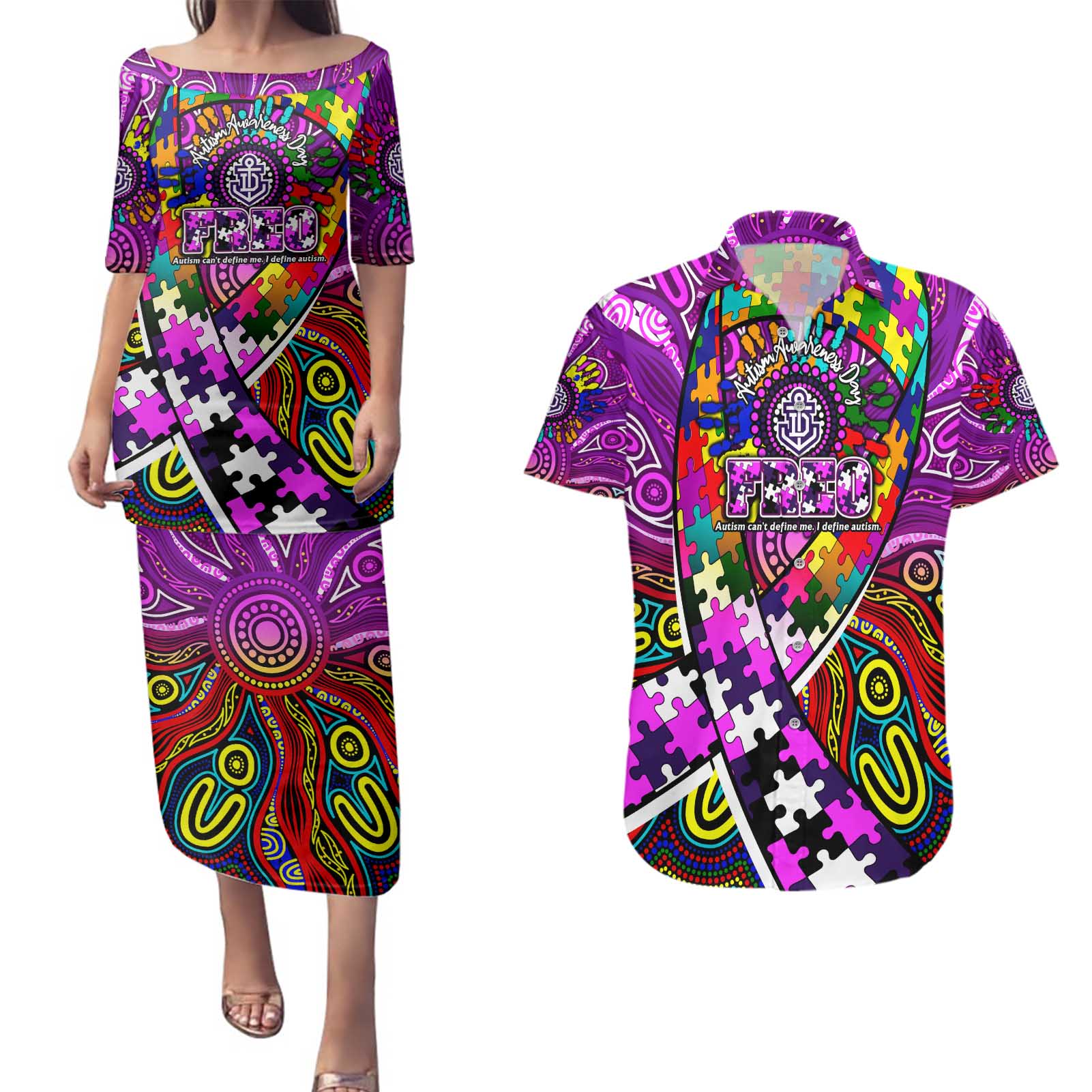 Autism Awareness Australia Fremantle Freo Couples Matching Puletasi and Hawaiian Shirt Aboriginal Indigenous Art