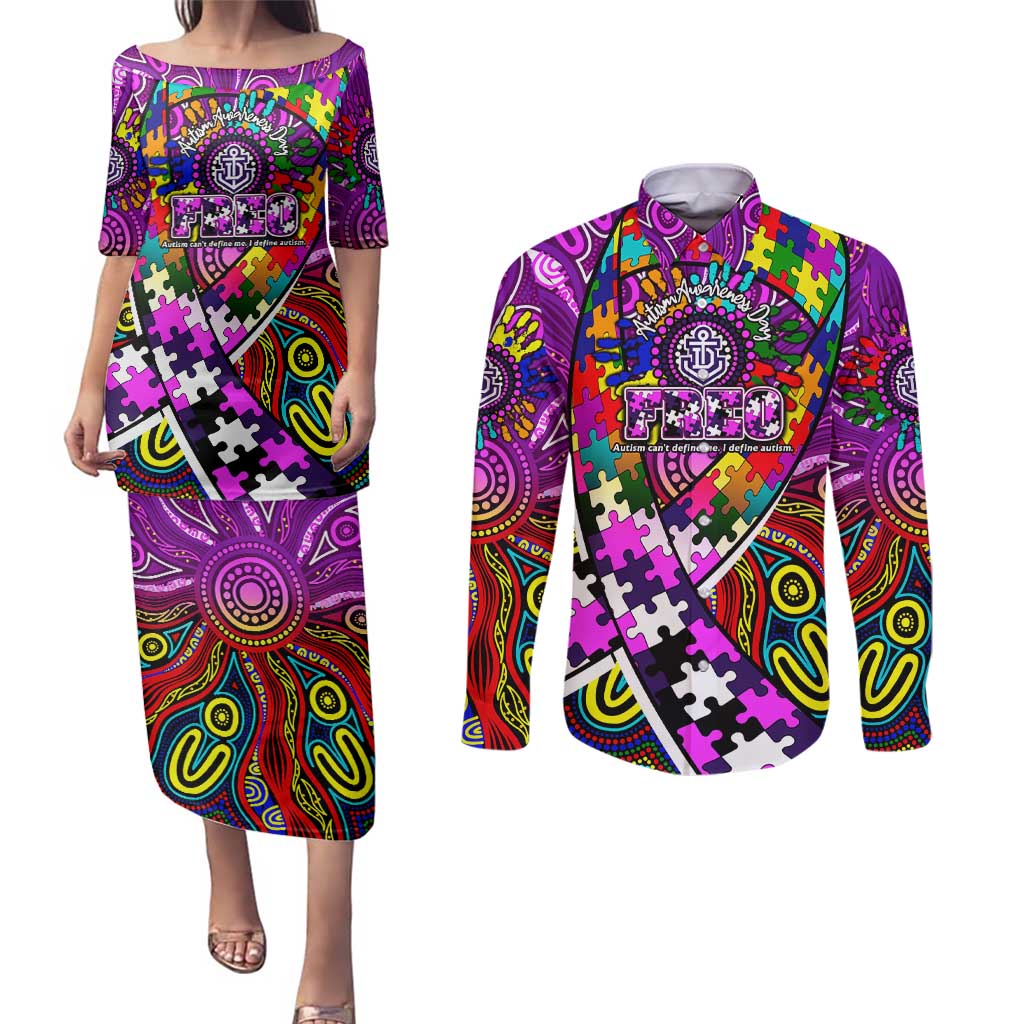 Autism Awareness Australia Fremantle Freo Couples Matching Puletasi and Long Sleeve Button Shirt Aboriginal Indigenous Art