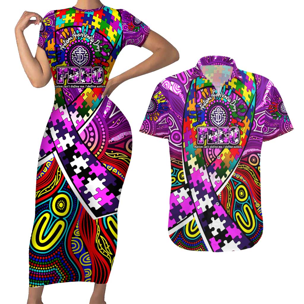 Autism Awareness Australia Fremantle Freo Couples Matching Short Sleeve Bodycon Dress and Hawaiian Shirt Aboriginal Indigenous Art