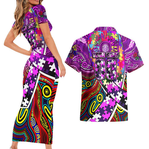 Autism Awareness Australia Fremantle Freo Couples Matching Short Sleeve Bodycon Dress and Hawaiian Shirt Aboriginal Indigenous Art