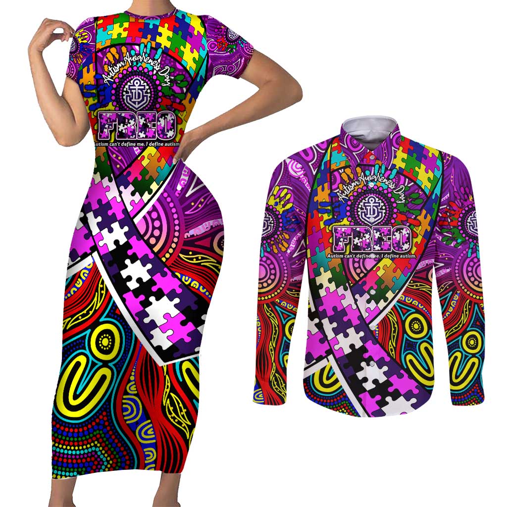 Autism Awareness Australia Fremantle Freo Couples Matching Short Sleeve Bodycon Dress and Long Sleeve Button Shirt Aboriginal Indigenous Art