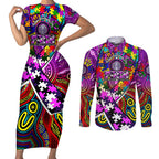 Autism Awareness Australia Fremantle Freo Couples Matching Short Sleeve Bodycon Dress and Long Sleeve Button Shirt Aboriginal Indigenous Art